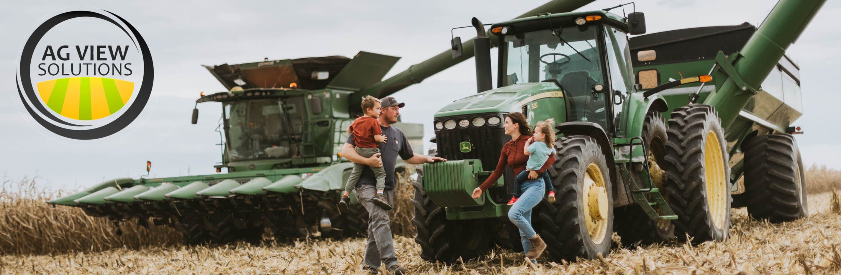 Ag View Solutions — a farm family between a combine and a tractor with a grain cart at harvest